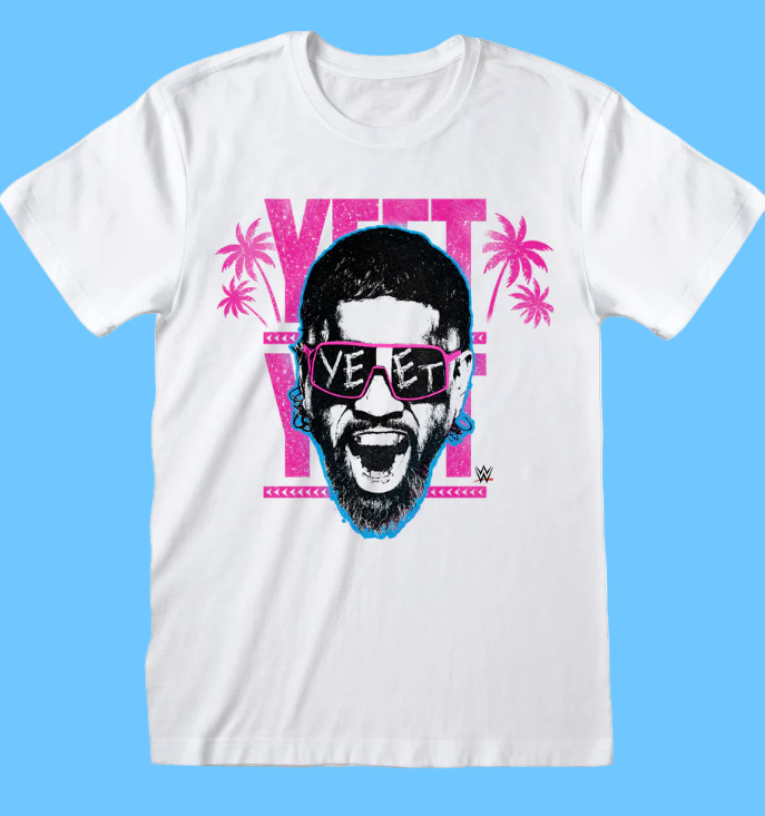 JEY USO FOUR LETTER, ONE WORD - T-SHIRT White short sleeve t-shirt with a graphic of JEY USO wearing sunglasses and 'YEET' text
