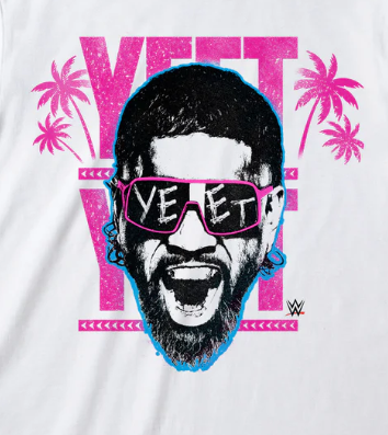 JEY USO FOUR LETTER, ONE WORD - T-SHIRT White short sleeve t-shirt with a graphic of JEY USO wearing sunglasses and 'YEET' text