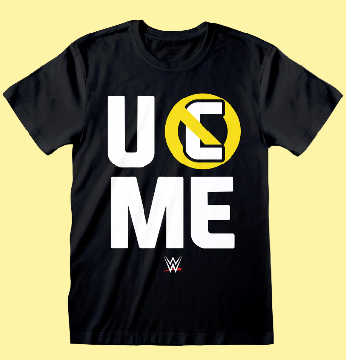 Official John Cena Black t-shirt with 'U C ME' design and WWE logo on a white background