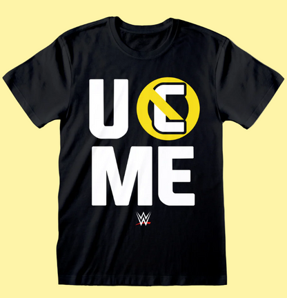 Official John Cena Black t-shirt with 'U C ME' design and WWE logo on a white background
