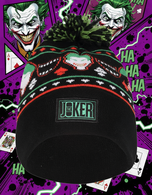 DC Comics Black beanie with colourful Jocker face and laugh patterns and 'The Joker' logo 