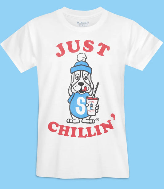 Mens short sleeve white short sleeve t-shirt featuring retro puppy with Just Chillin' text