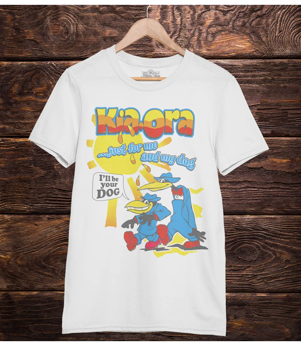 Retro Tees mens unisex white short sleeve crew neck t-shirt summer fun Kia-Ora advert design with "just for me and my dog" text
