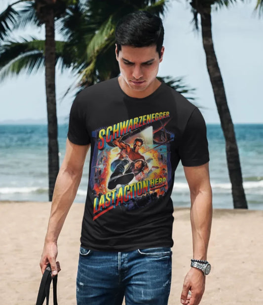 Man wearing Retro Tees unisex black short sleeve crew neck t shirt with last action hero movie poster print on the front