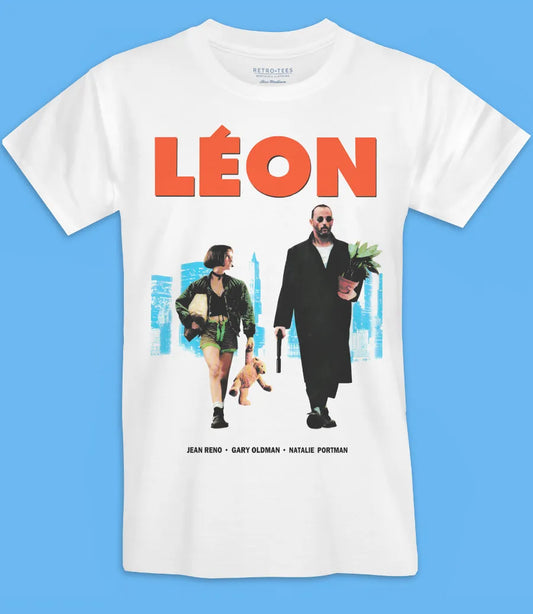 Unisex Mens white short sleeve t shirt with Leon movie poster graphics