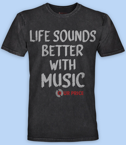 Vintage washed black short sleeve t shirt laying on purple backdrop featuring life sounds better with music white large text and our price logo below official tag at neckline