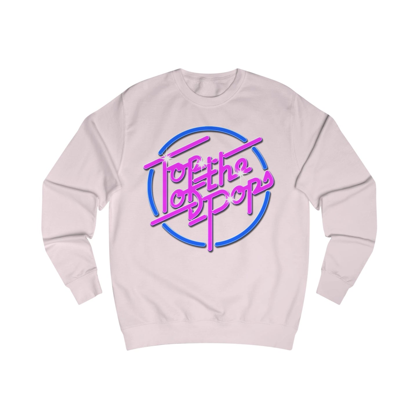 Light pink sweatshirt with 80s 'Top of the pops' text design