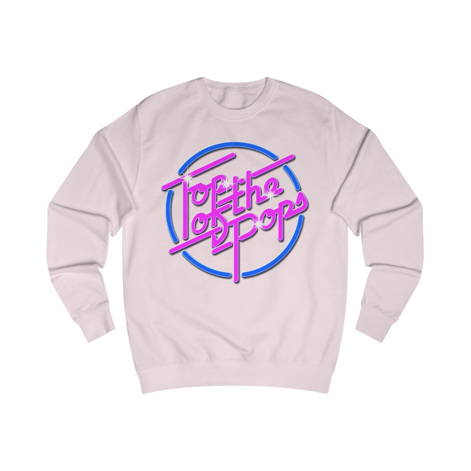 Light pink sweatshirt with 80s 'Top of the pops' text design