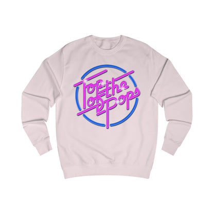 Light pink sweatshirt with 80s 'Top of the pops' text design