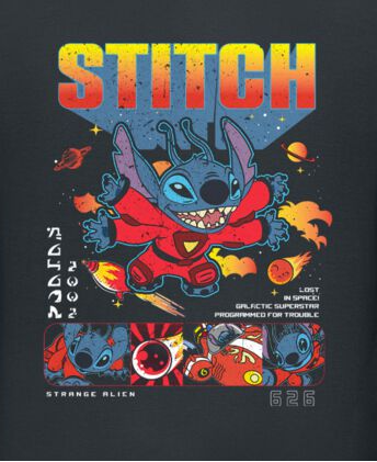 Disney Stitch in Space Character design with 'STITCH' text on a dark background