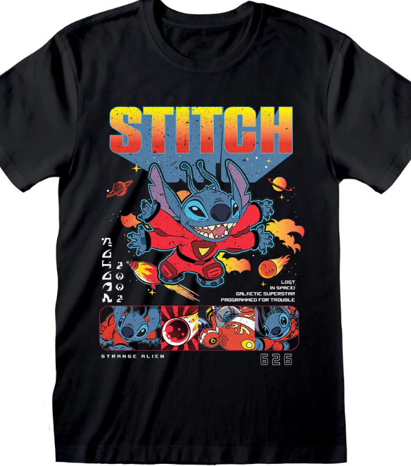 Black t-shirt with colorful 'Stitch' graphic design on a white background