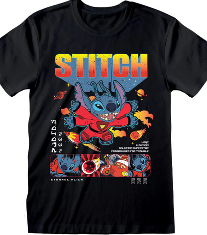 Black t-shirt with colorful 'Stitch' graphic design on a white background