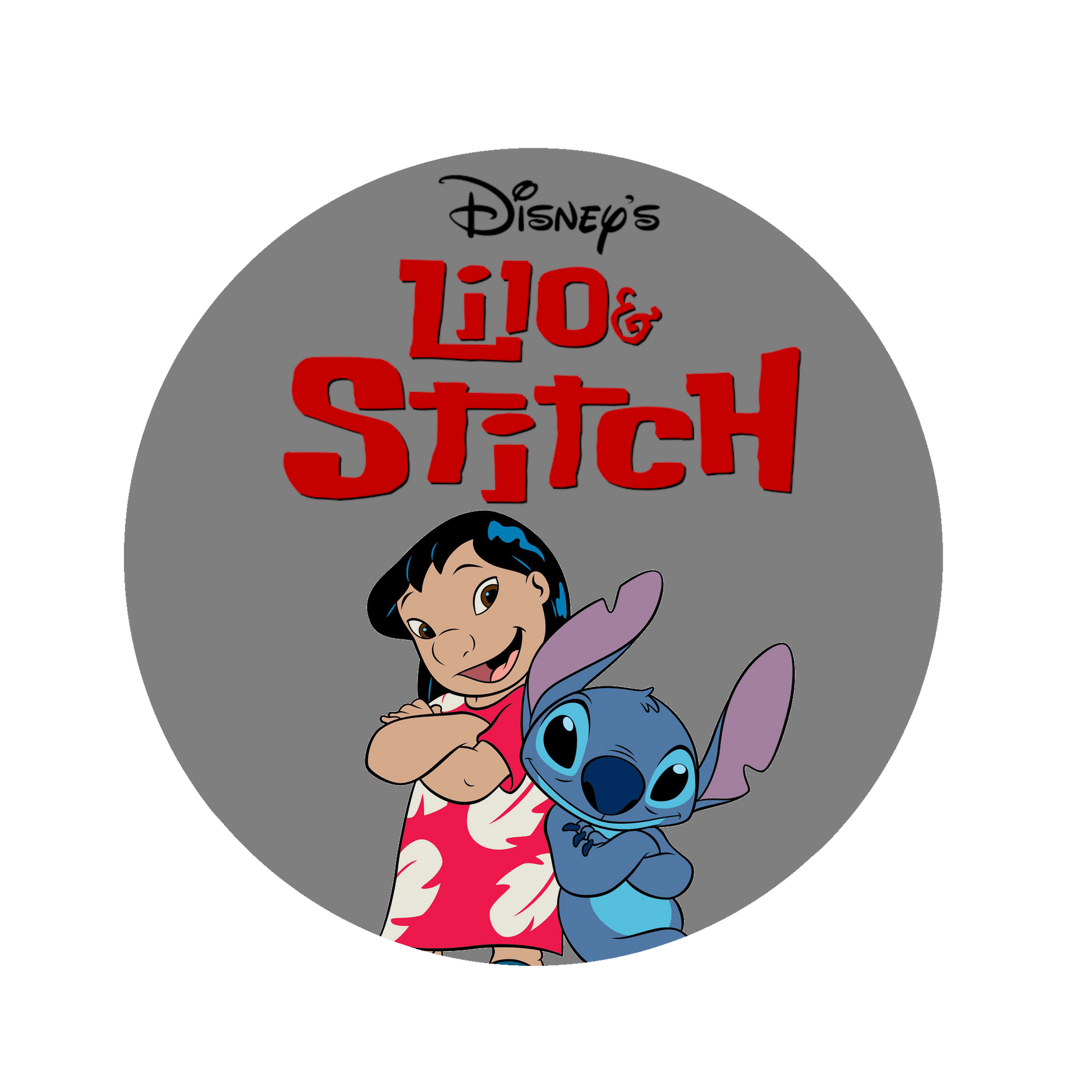 Circular logo featuring Lilo and Stitch with Disney's branding on a gray background