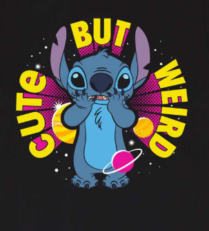 Black t-shirt with Disney cartoon Stitch character and 'Cute But Weird' text on a white background