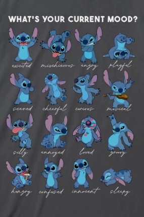 Charcoal grey t-shirt with animated Disney Stitch character and mood expressions