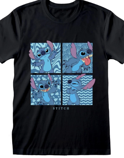 Disney Black t-shirt with Stitch cartoon character design on a black background