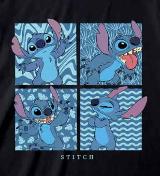 Four-panel design of Stitch on a black background