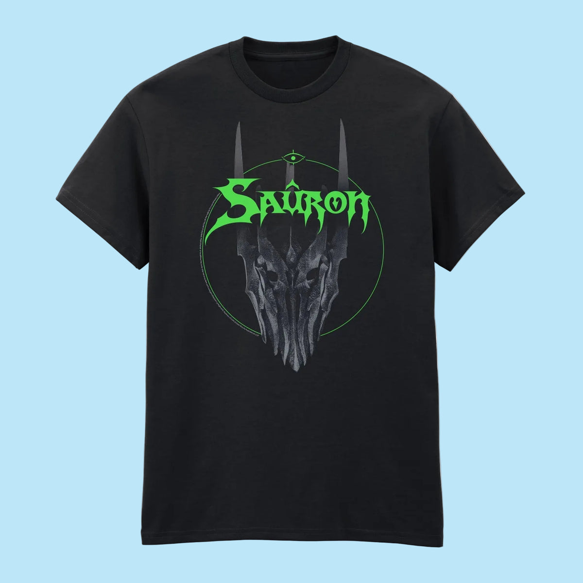 The Lord Of The Rings Black t-shirt with a graphic design of 'Sauron' text in green 