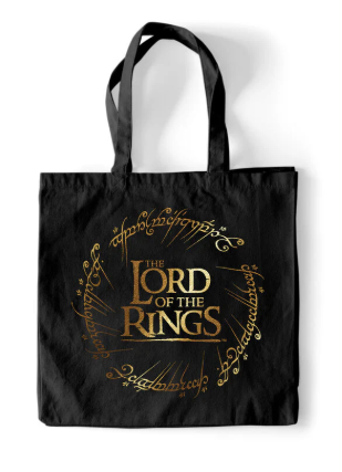 Black tote bag with 'The Lord of the Rings' gold text on a white background
