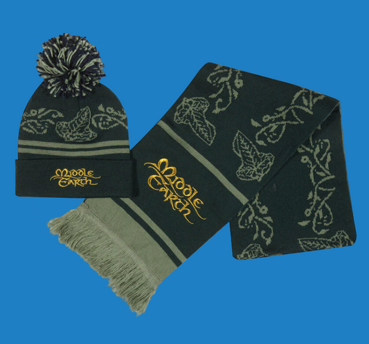 Green beanie and scarf set with 'Middle Earth' text on a white background