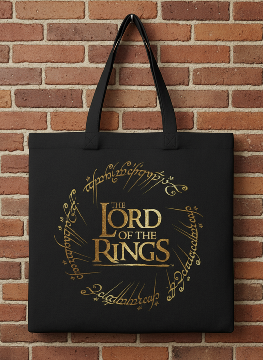 Black tote bag with 'The Lord of the Rings' gold text 