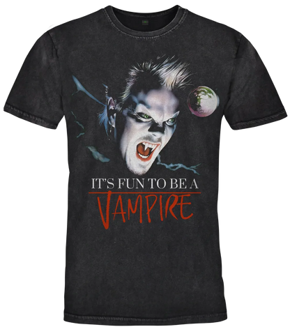 premium vintage washed black unisex short sleeve crew neck t shirt laying on blue background featuring The Lost Boys movie inspired colour Vampire design to the front of t-shirt with text Its Fun To Be A Vampire