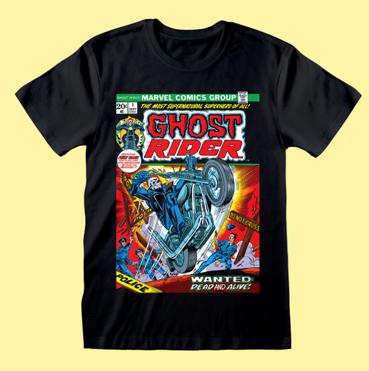 Marvel Comics Official Black t-shirt with Ghost Rider comic book cover design on a white background