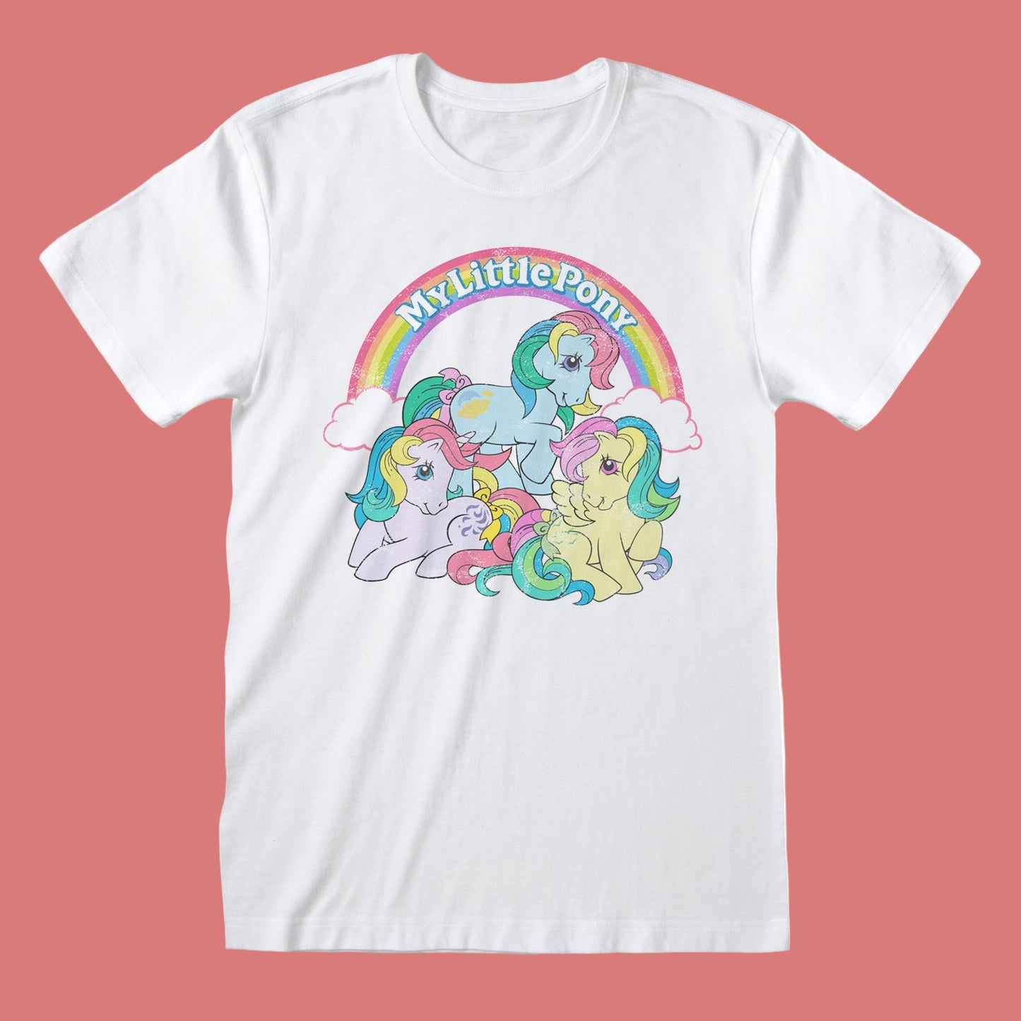 White short sleeve t-shirt with 'My Little Pony' graphic featuring ponies and a rainbow on a white background.