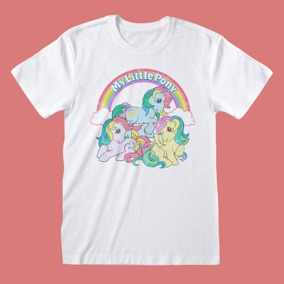 White short sleeve t-shirt with 'My Little Pony' graphic featuring ponies and a rainbow on a white background.