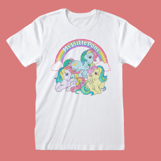 White short sleeve t-shirt with 'My Little Pony' graphic featuring ponies and a rainbow on a white background.