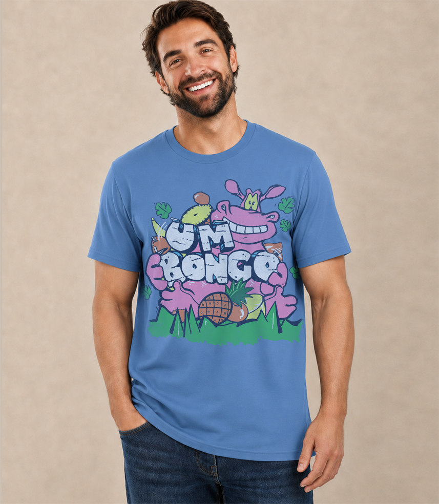 Man wearing an Official Um Bongo Blue t-shirt with colorful fun hippo graphic design and Um Bongo iconic logo, showing the un of the jungle drink advert
