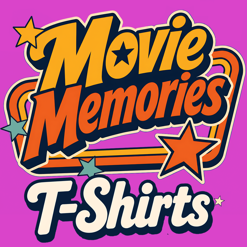 A colorful graphic reading 'Movie Memories T-Shirts' in bold retro lettering on a bright pink background.