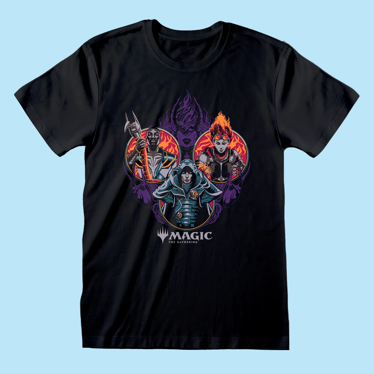 Black t-shirt with 'Magic: The Gathering' graphic design featuring three characters in circular frames.