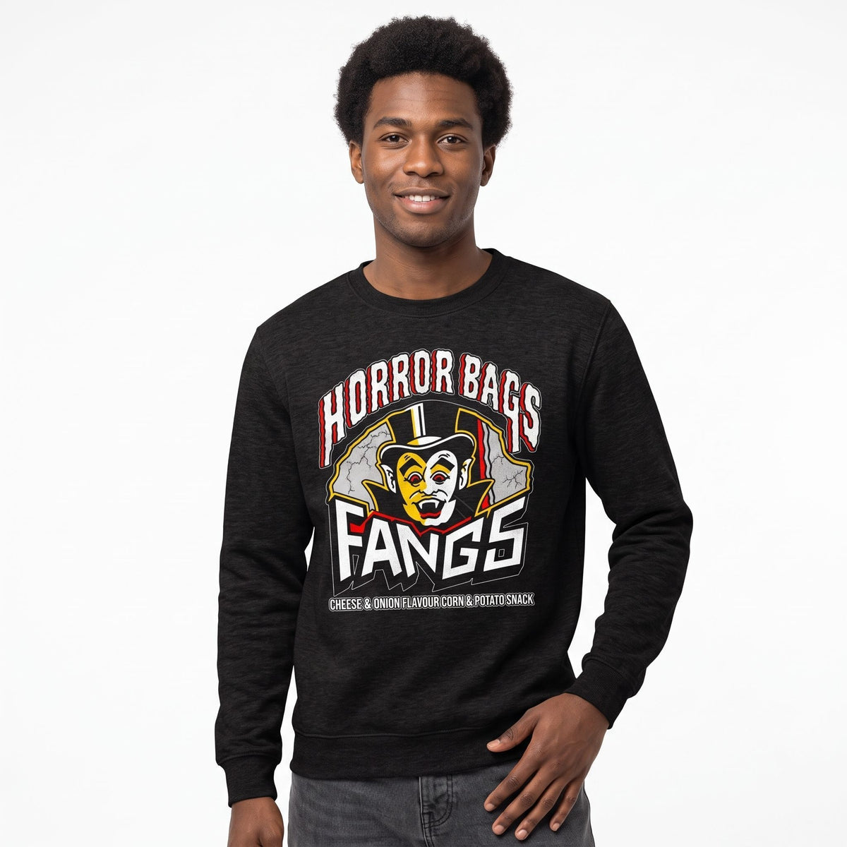 man wearing Black Smoke Printed Sweater featuring Retro 80s snacks Horror Bags Fangs design