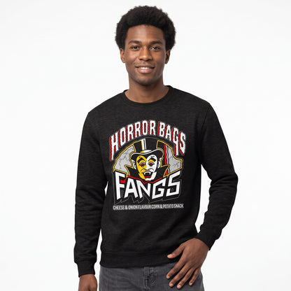 man wearing Black Smoke Printed Sweater featuring Retro 80s snacks Horror Bags Fangs design