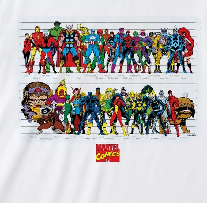 White t-shirt with colorful Marvel superhero graphic on a white background