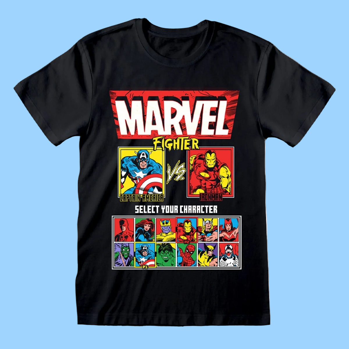 Black t-shirt with Marvel superhero graphic design