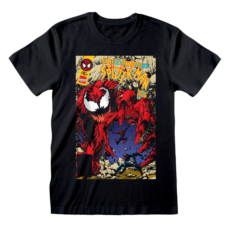 A black short-sleeve crewneck t-shirt featuring a large, colorful graphic print on the front. The graphic is styled like a vintage comic book cover, showing a red and black spider-themed monster with the text 'The Amazing Spider-Man' and issue number 'Vol.