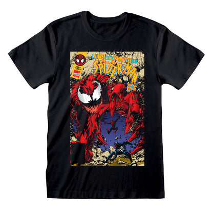 A black short-sleeve crewneck t-shirt featuring a large, colorful graphic print on the front. The graphic is styled like a vintage comic book cover, showing a red and black spider-themed monster with the text 'The Amazing Spider-Man' and issue number 'Vol.