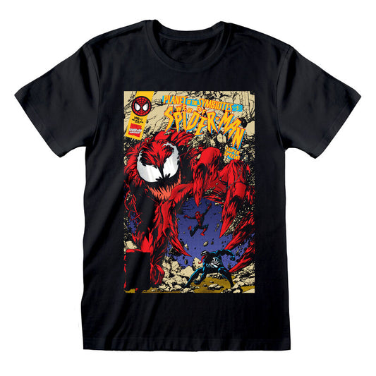 A black short-sleeve crewneck t-shirt featuring a large, colorful graphic print on the front. The graphic is styled like a vintage comic book cover, showing a red and black spider-themed monster with the text 'The Amazing Spider-Man' and issue number 'Vol.