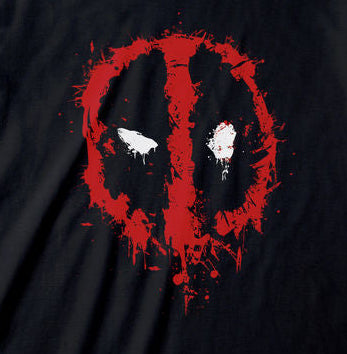 A black short-sleeve crewneck t-shirt featuring a distressed red and white Deadpool mask graphic on the chest, displayed against a solid white background.