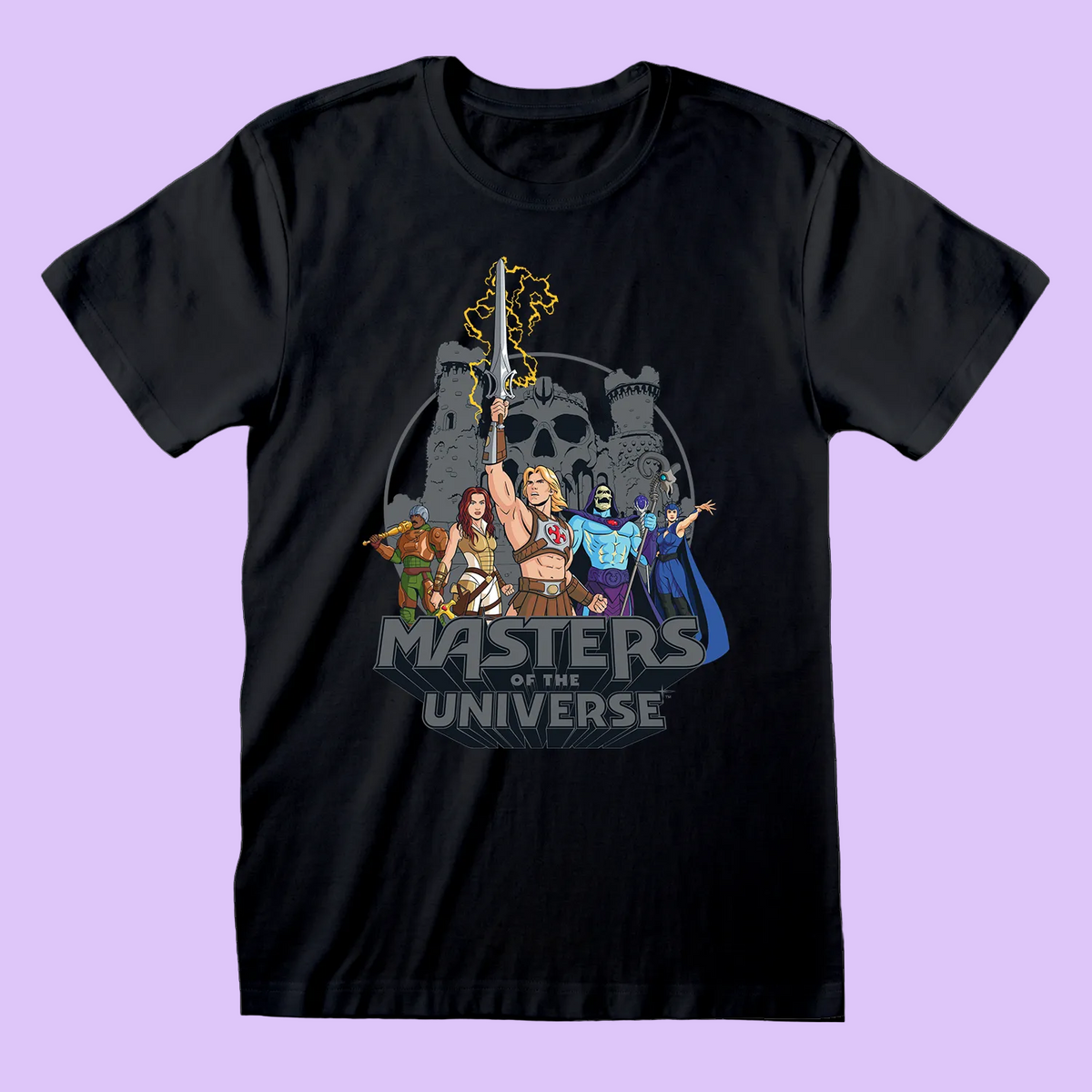 Black t-shirt with 'Masters of the Universe' graphic design 