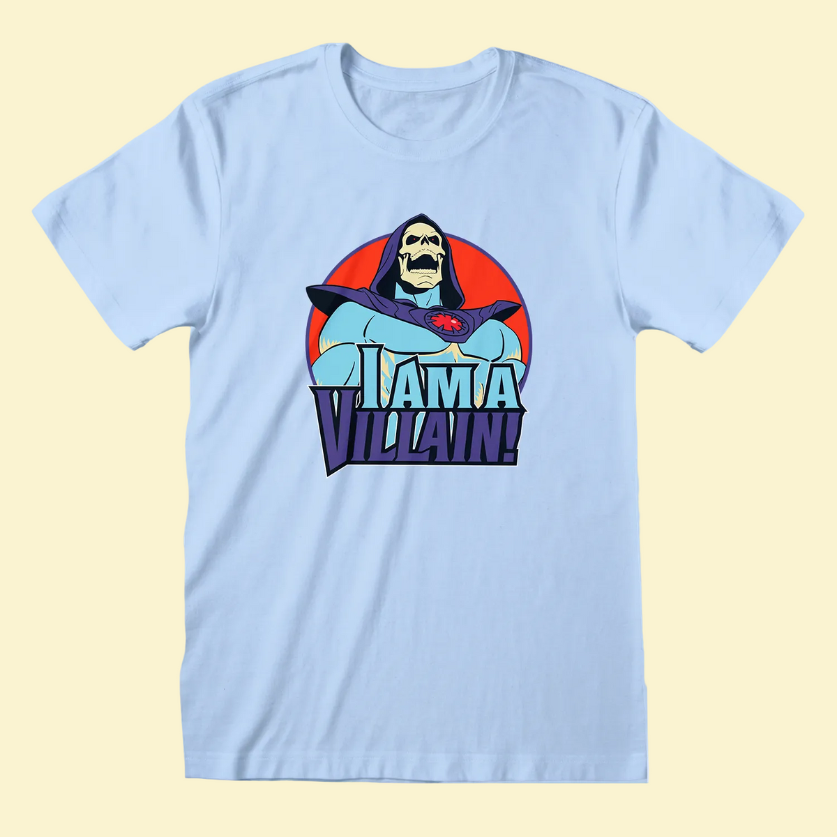 A light blue crewneck t-shirt featuring a retro graphic of the cartoon villain Mera with the text 'I AM A VILLAIN!' in stylized lettering.