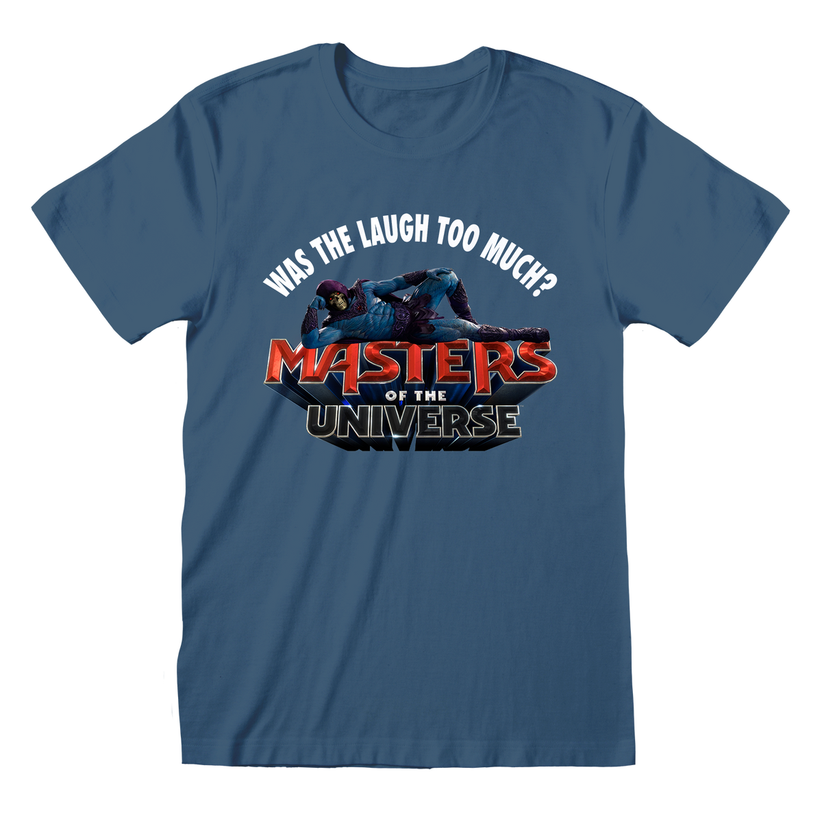 Blue t-shirt with 'Masters of the Universe' graphic and text on a white background