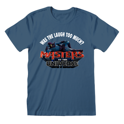 Blue t-shirt with 'Masters of the Universe' graphic and text on a white background
