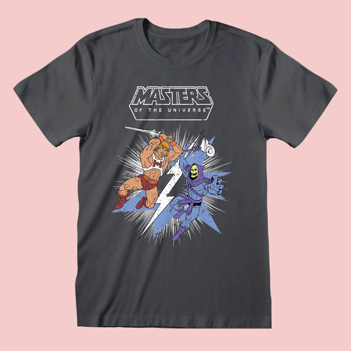 Black t-shirt with 'Masters of the Universe' graphic featuring He-Man and Skeletor on a white background.