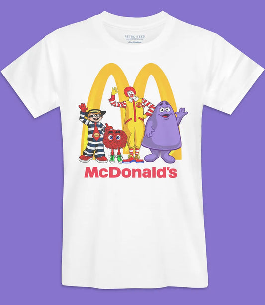 Mens short sleeve white short sleeve t-shirt featuring retro fast food characters and McDonald's text