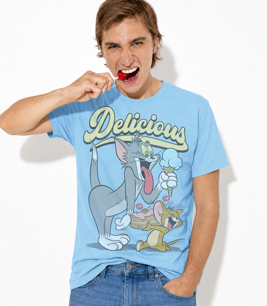 Person wearing a blue t-shirt with cartoon Tom and Jerry characters and the word 'Delicious' on a white background