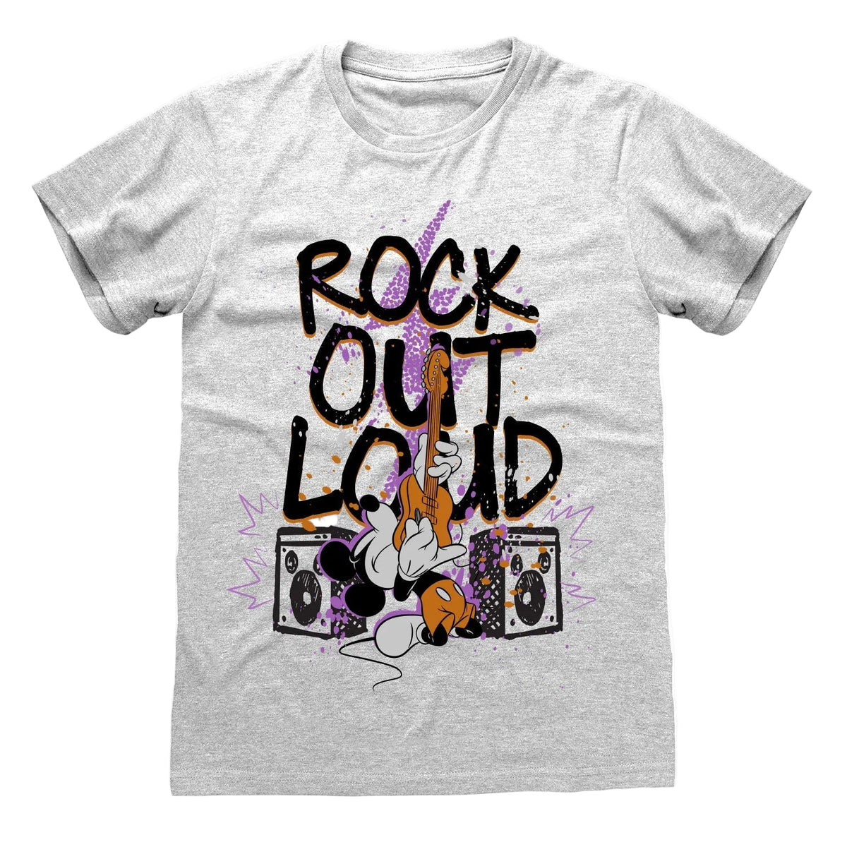 Gray t-shirt with 'Rock Out Loud' graphic design featuring a Mickey Mouse cartoon character playing guitar.