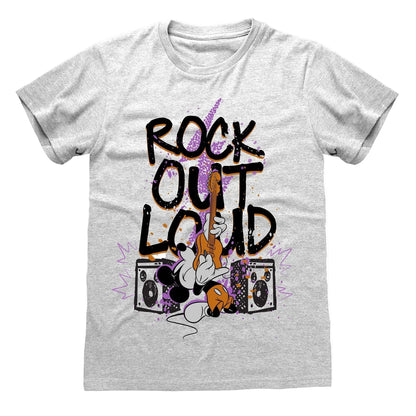 Gray t-shirt with 'Rock Out Loud' graphic design featuring a Mickey Mouse cartoon character playing guitar.